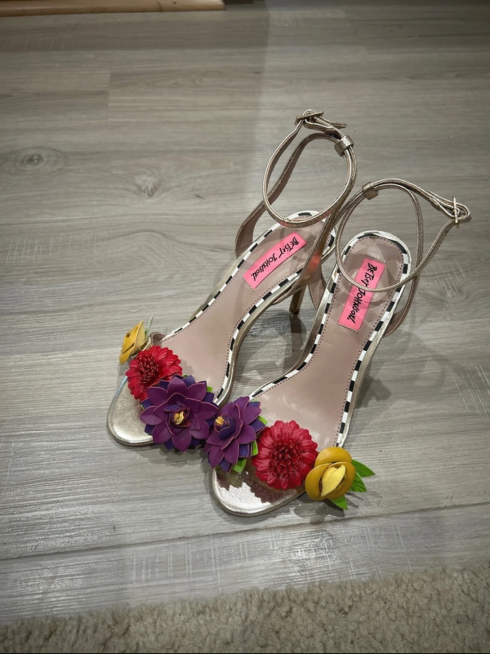 Betsey Johnson Gold Floral Ankle-Strap Heels with Purple, Red & Yellow Flowers